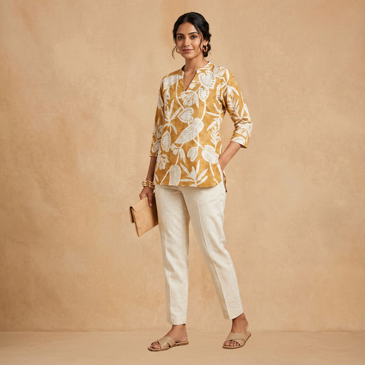 Yellow Printed Short Kurti
