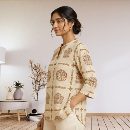 Beige Printed Casual Top