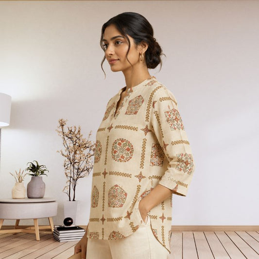 Beige Printed Casual Top