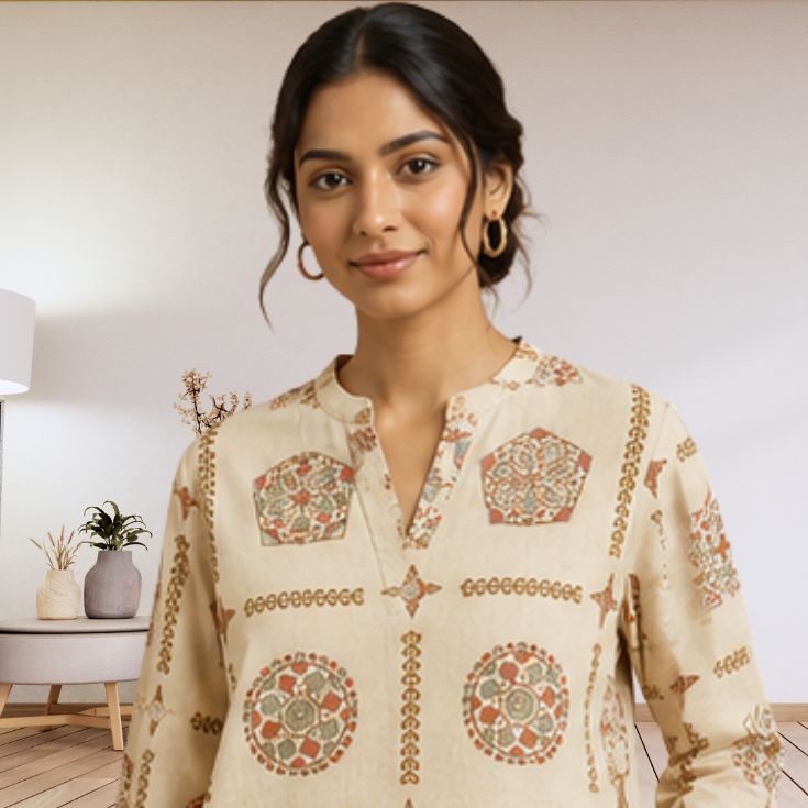 Beige Printed Casual Top