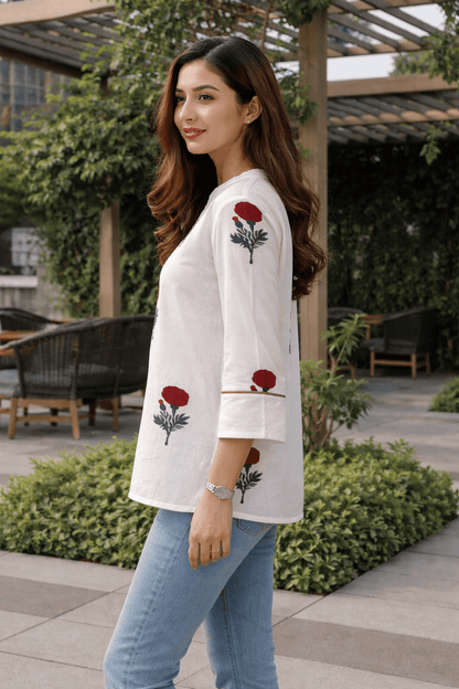 White Floral Print Top