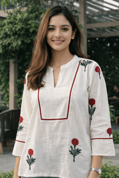 White Floral Print Top