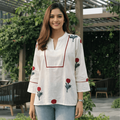 White Floral Print Top