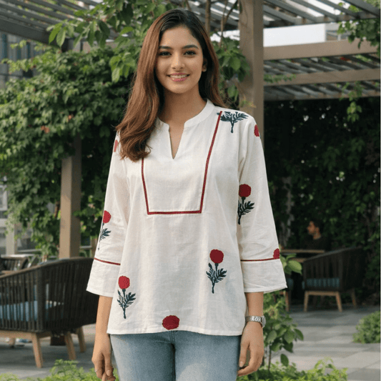White Floral Print Top