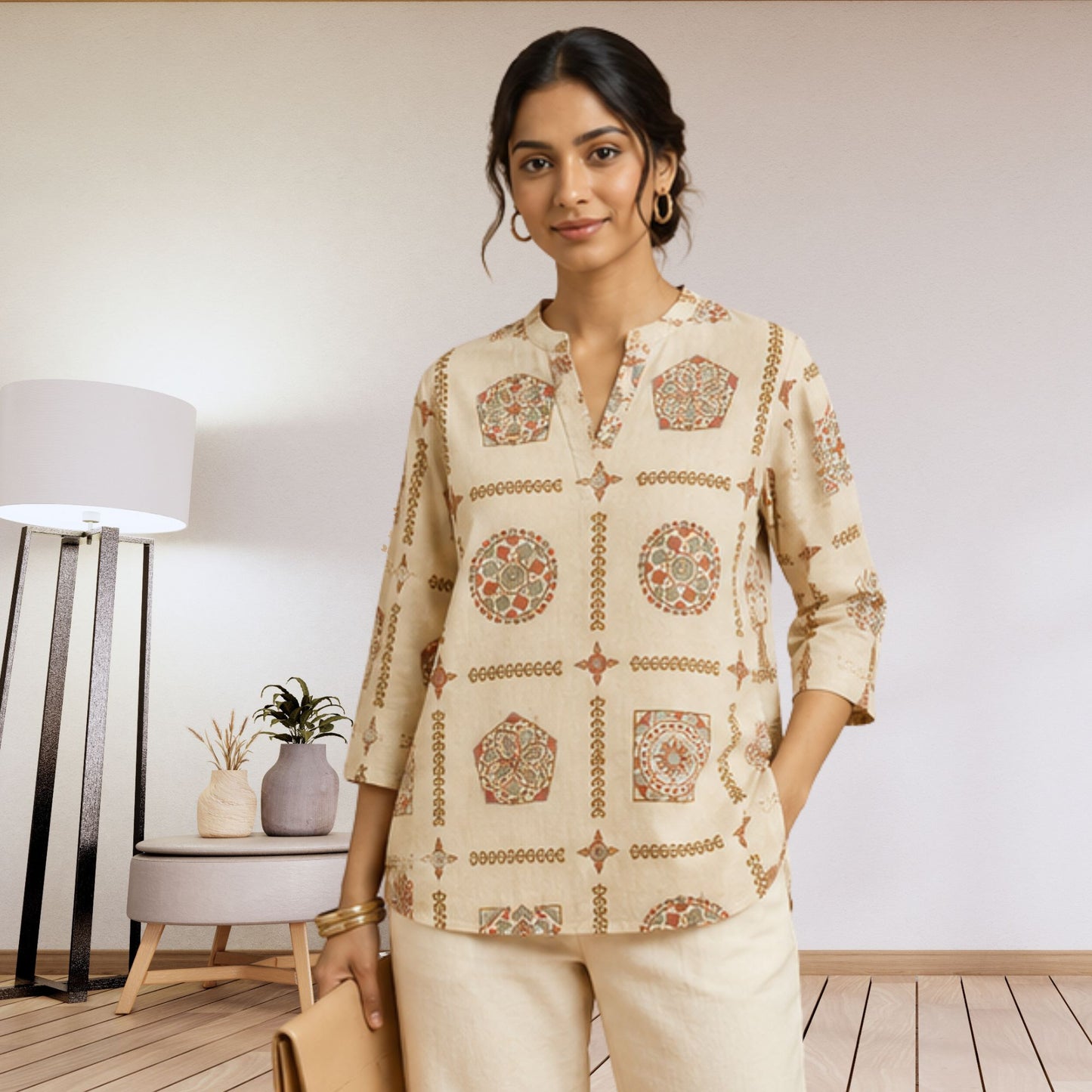 Beige Printed Casual Top