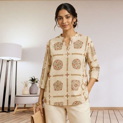 Beige Printed Casual Top