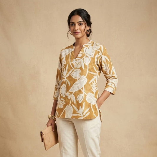 Yellow Printed Short Kurti