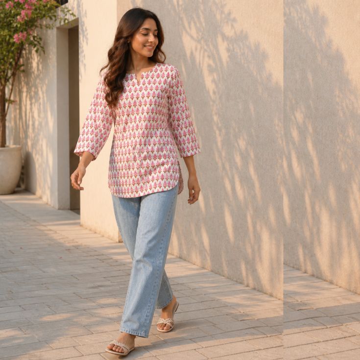Pink Printed Cotton Kurti