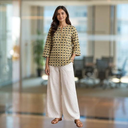Mustard Printed Cotton Kurti