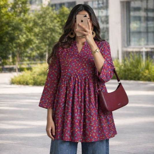 Maroon Printed Cotton Kurti