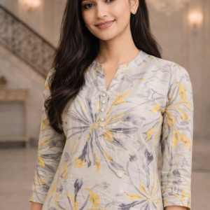 Grey & Yellow Floral Print Kurti