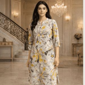 Grey & Yellow Floral Print Kurti
