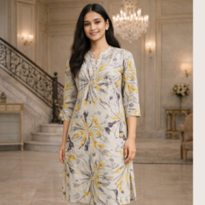 Grey & Yellow Floral Print Kurti