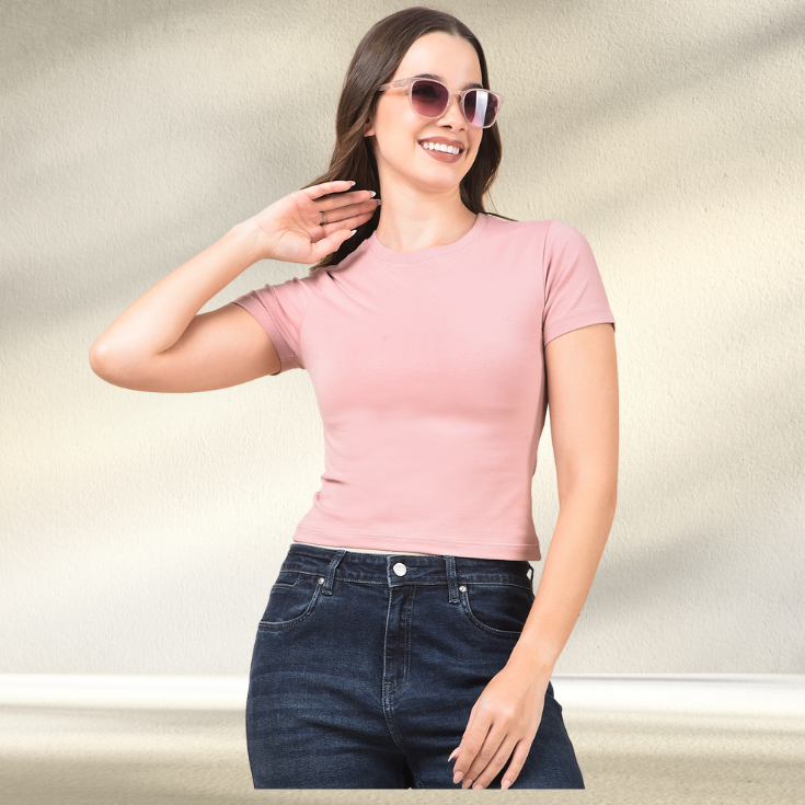 Pink Cotton Crop Top Slim Fit