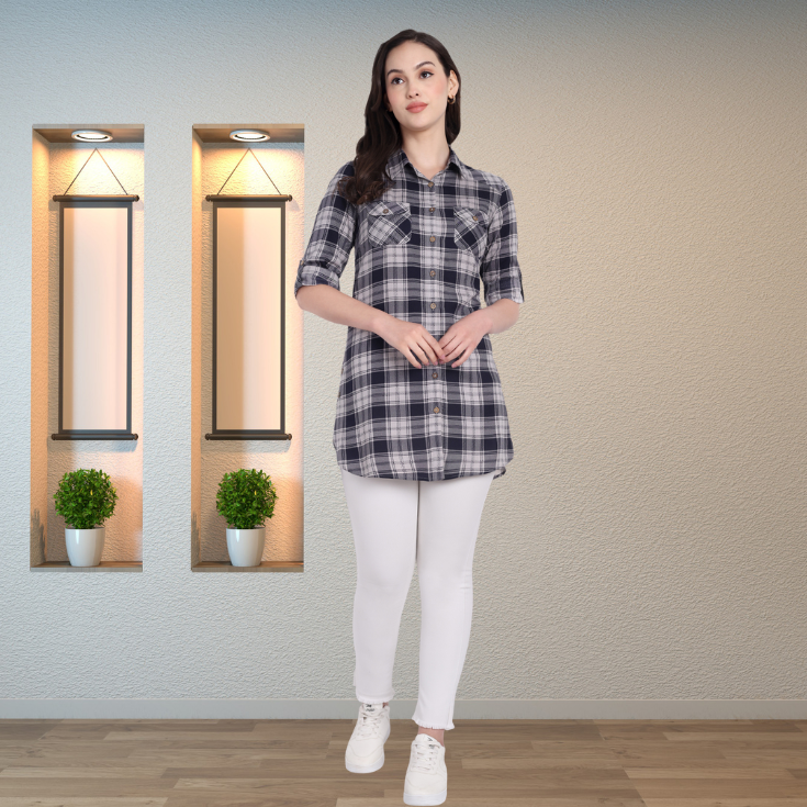 Navy Grey Checked Women’s Kurta - Image 2