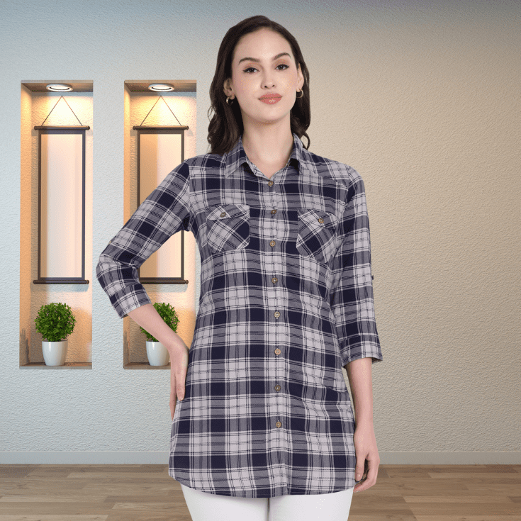 Navy Grey Checked Women’s Kurta - Image 2