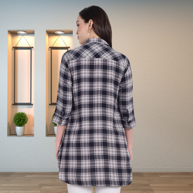 Navy Grey Checked Women’s Kurta - Image 5