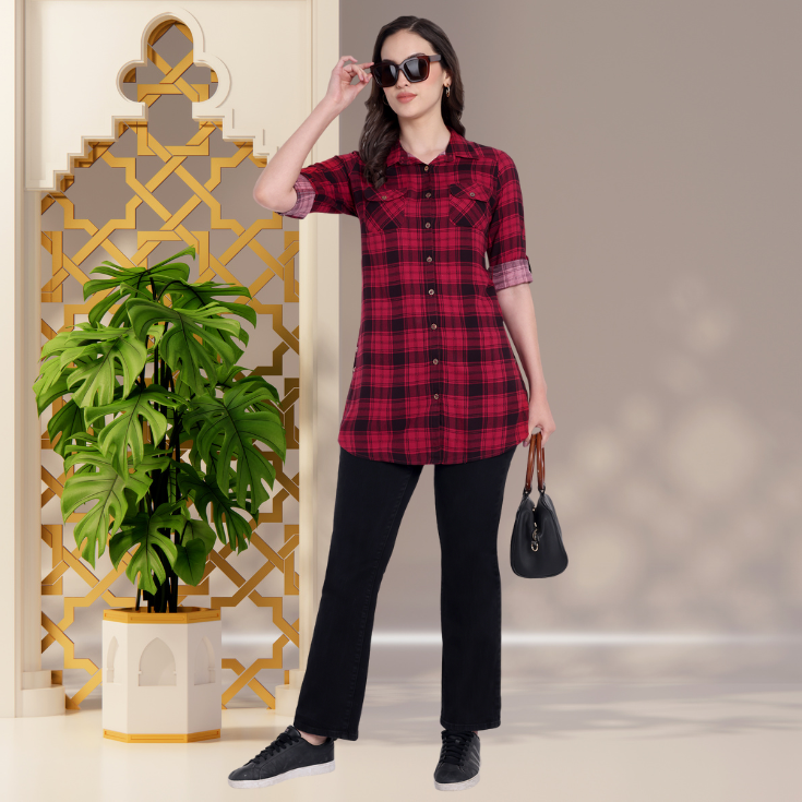Maroon Checked Women’s Kurta - Image 2