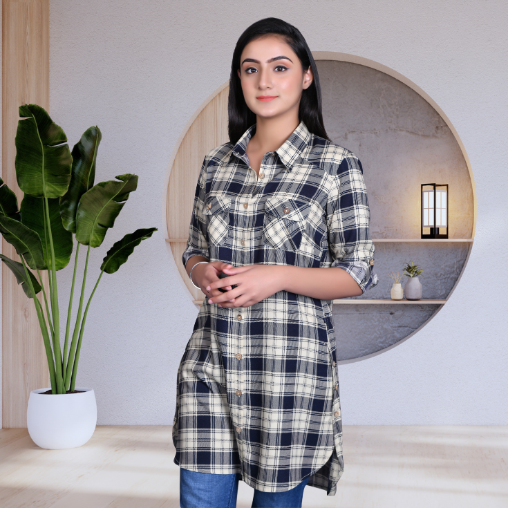 Navy Blue Checkered Longline Kurta