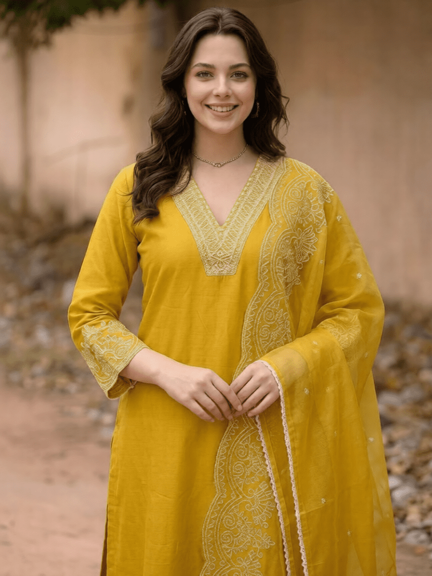 Mustard Embroidered Kurta Pant Set with Dupatta - Image 5