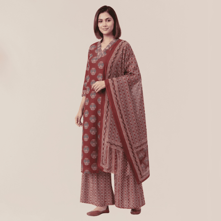 Maroon Printed Kurta Palazzo Set with Dupatta