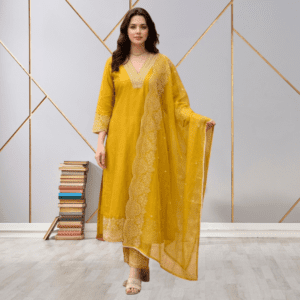 Mustard Embroidered Kurta Pant Set with Dupatta