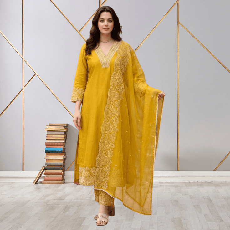 Mustard Embroidered Kurta Pant Set with Dupatta - Image 2