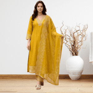 Mustard Embroidered Kurta Pant Set with Dupatta
