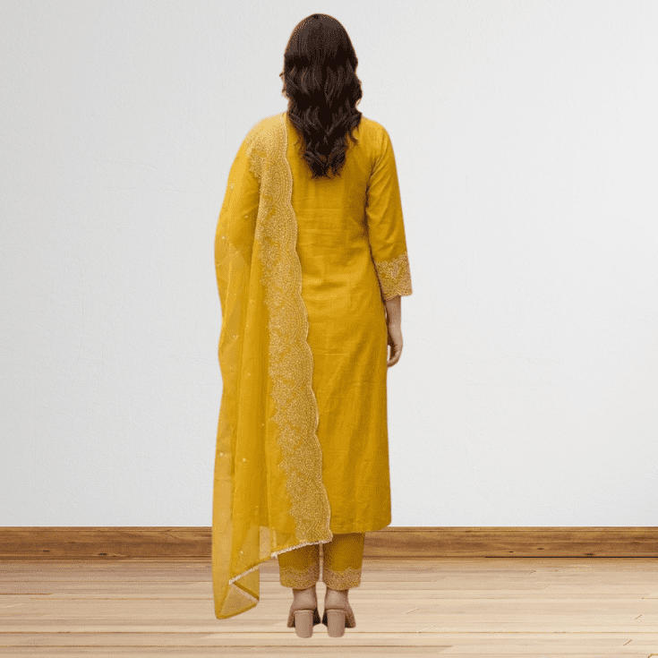 Mustard Embroidered Kurta Pant Set with Dupatta - Image 4