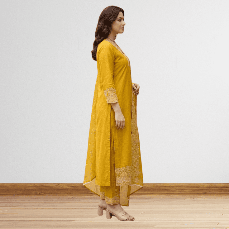 Mustard Embroidered Kurta Pant Set with Dupatta - Image 3