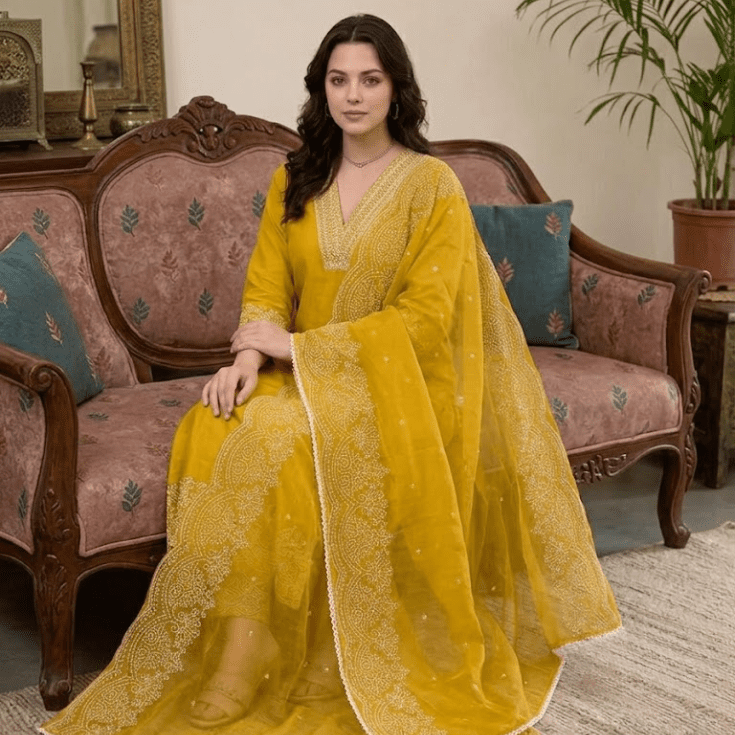 Mustard Embroidered Kurta Pant Set with Dupatta - Image 6
