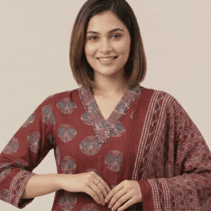 Maroon Printed Kurta Palazzo Set with Dupatta