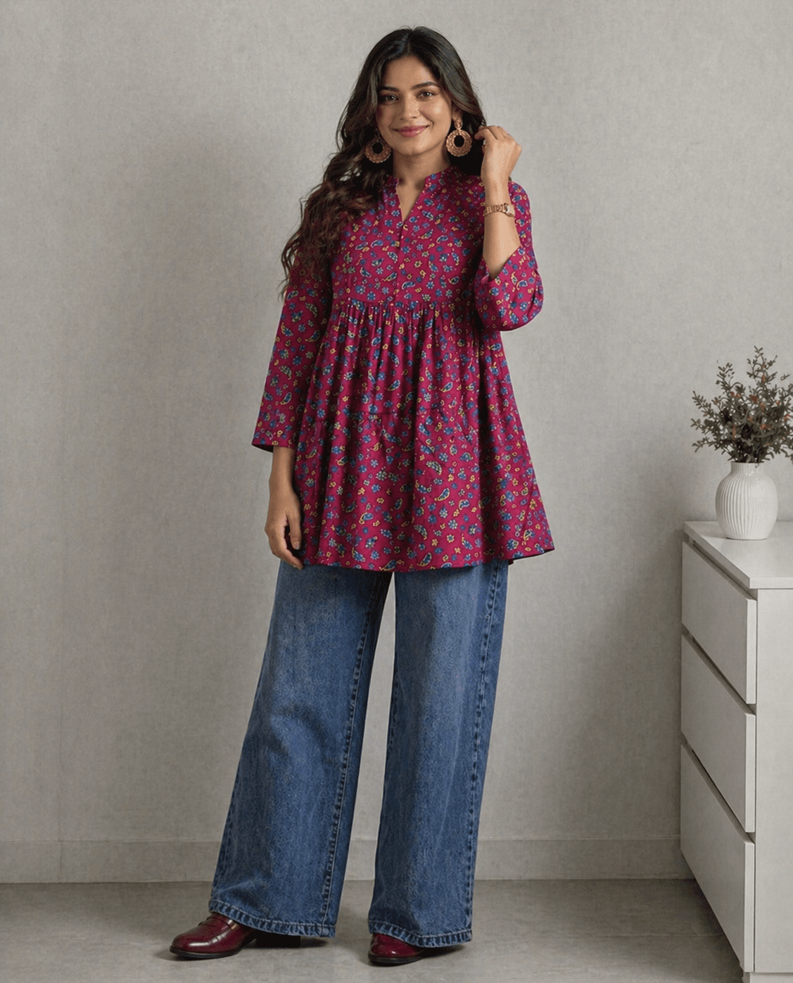 Maroon Printed Cotton Kurti - Image 3